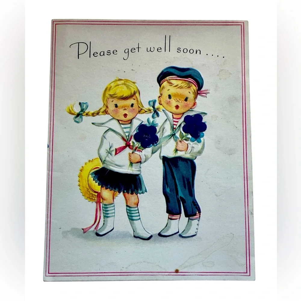 Vintage 1950’s Get Well Soon Card with Children Illustration Paper Ephemera